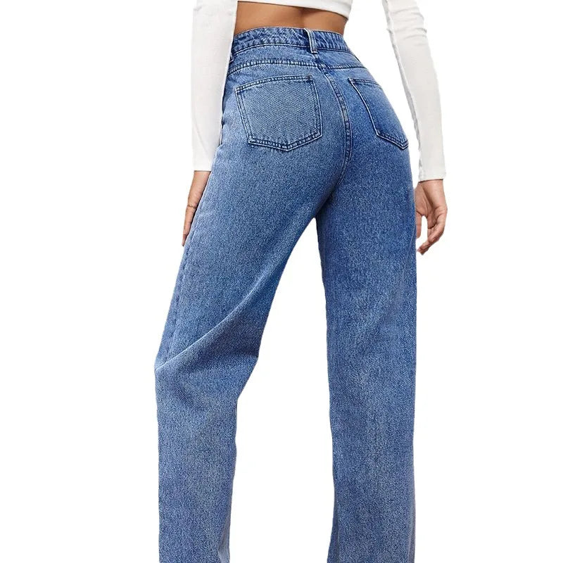 Elastic Washed Denim Fashion Straight Pants Jeans Women's Pants