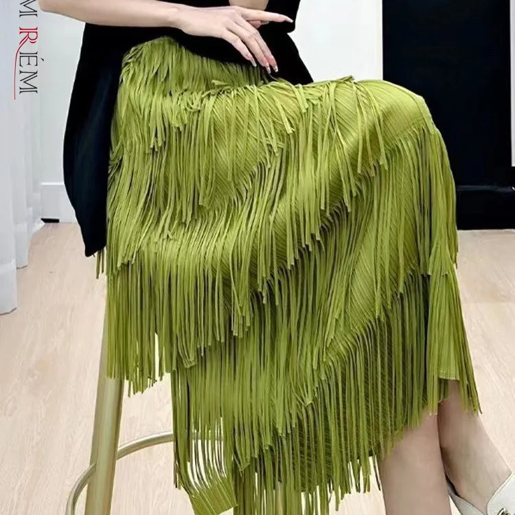 Pleated Tassel Long Skirts For Women High Waist Solid Color Stitching Elegant Party Clothing 2024 Summer Autumn