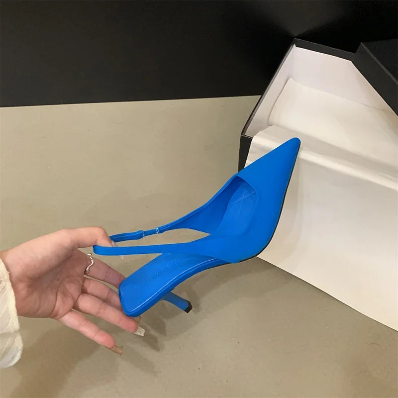 Summer Pointed Toe Women Sandals Fashion Slip On Singbacks Slides Ladies Elegant High Heel Sandalias Women's Party Dress Pumps Blue