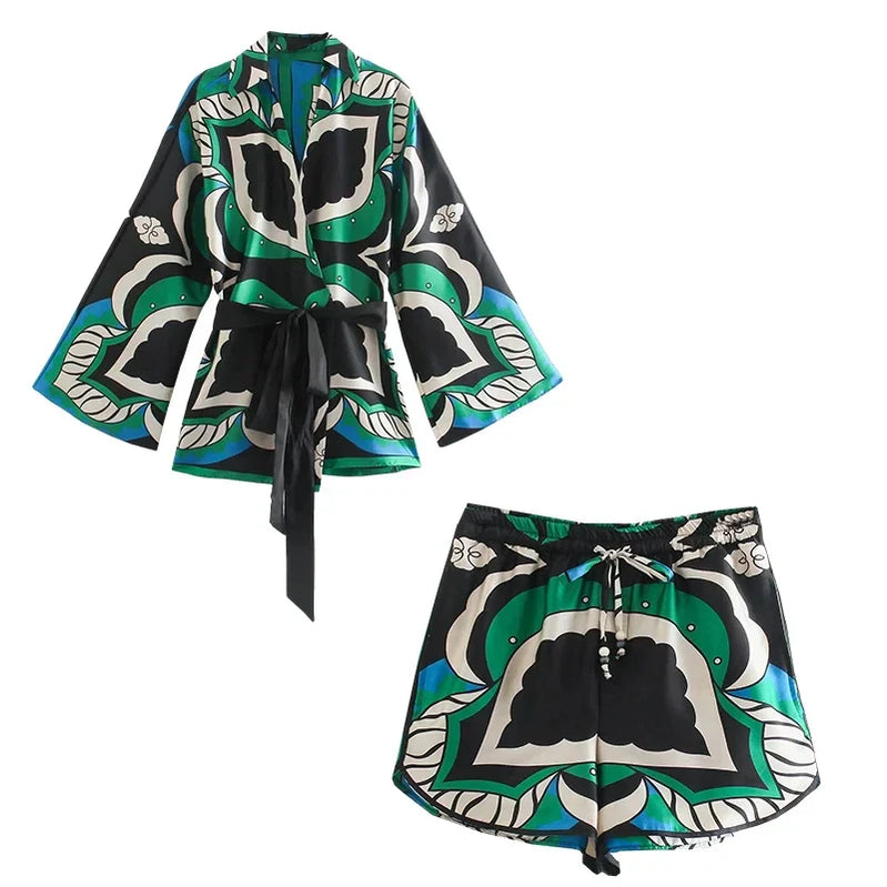 Foridol Oversized Green Print Boho Women Shorts Sets Shirts Shorts Pants Three Pieces Fashion Suits Matching Sets Summer Shorts set