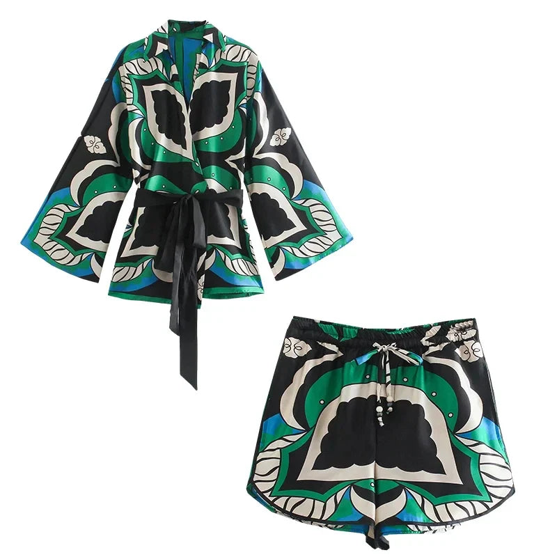 Foridol Oversized Green Print Boho Women Shorts Sets Shirts Shorts Pants Three Pieces Fashion Suits Matching Sets Summer Shorts set