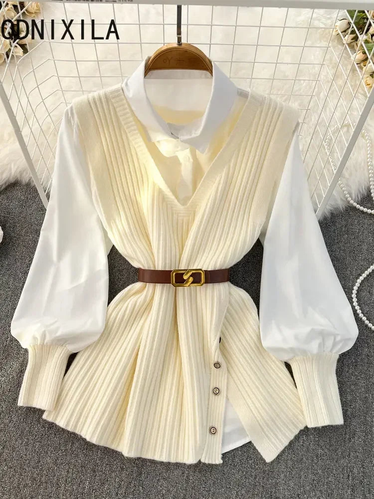 Loose White Shirt Long Sleeve Top Women's Belt Slit Knit Vest Korean Fashion Two Piece Set for Women Blouse Spring New