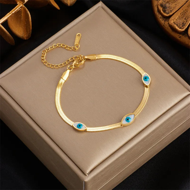 316L Stainless Steel Blue Eye Charm Bracelet for Women Rustproof Gold Color Girls Wrist Jewelry Party Wedding Gifts B689