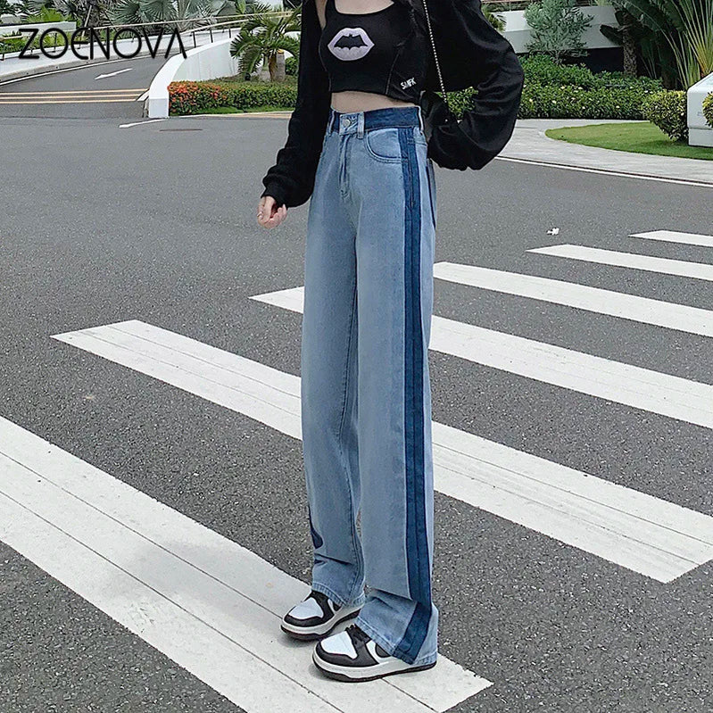 ZOENOVA Loose Women Jeans Spring Straight Wide Leg Pants Trendy Harajuku Streets Y2K High Waist Contrast Stripes Denim Trousers