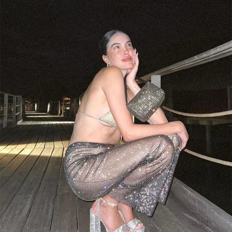 Fashion Sexy Glitter Crystal Diamonds Fishnet Women Pant See Through High Waist Pant Female Loose Hot Girl Party Clubwear