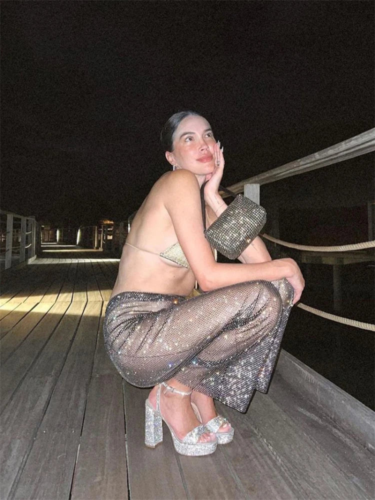 Fashion Sexy Glitter Crystal Diamonds Fishnet Women Pant See Through High Waist Pant Female Loose Hot Girl Party Clubwear
