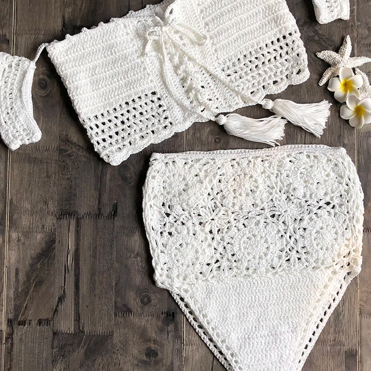 Crochet High Leg Bandeau Bikini Set Swimwear Female Two Pieces Swimsuit High Waist Bikini Women Bathing Suit Biquini 2019 New White