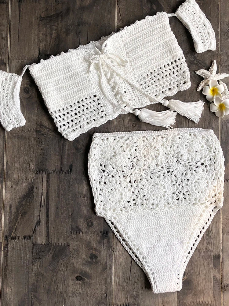 Crochet High Leg Bandeau Bikini Set Swimwear Female Two Pieces Swimsuit High Waist Bikini Women Bathing Suit Biquini 2019 New White