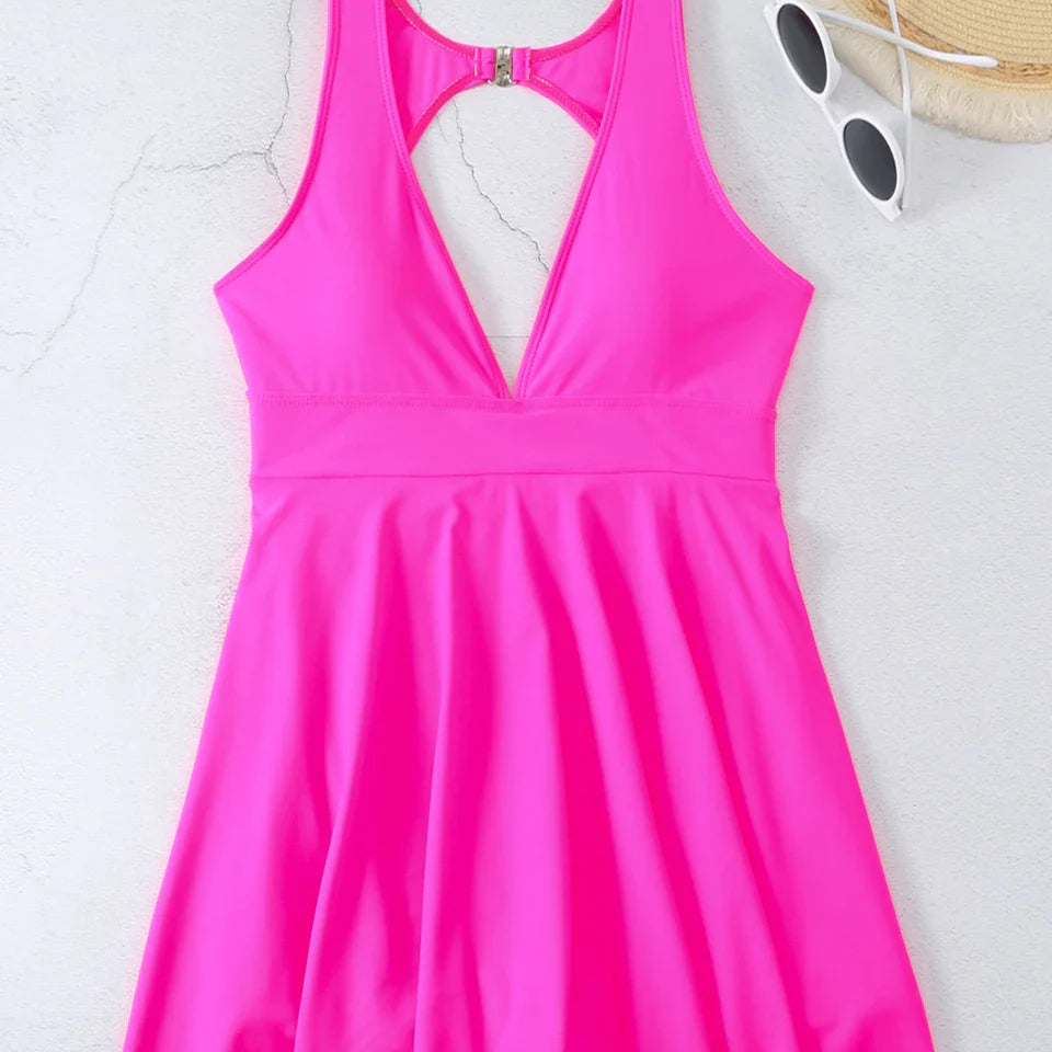 Deep V Neck Swimsuit Women One Piece Backless Swimwear Solid Beach Skirt Summer Female Bathers Bathing Swimming Bodysuit s3Rose Red