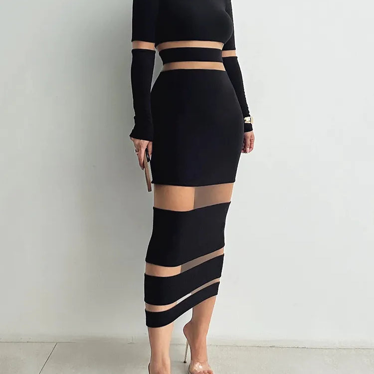 Patchwork Bodycon Sexy Midi Dress For Women Autumn Winter New Turtleneck Long Sleeve Club Party Sexy Dress Elegant Black