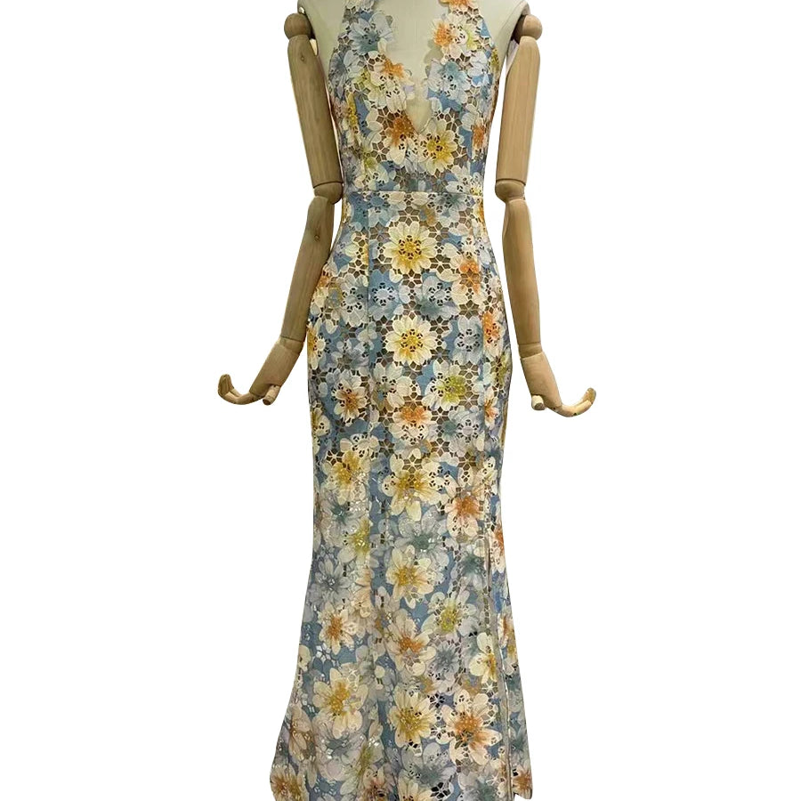 TWOTWINSTYLE Colorblock Hollow Out Spliced Printing Elegant Dresses for Women Halter Neck Sleeveless Split Dress Female Fashion