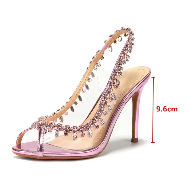 Luxury Crystal Pendant Slingbacks Women Pumps Sexy Peep Toe Transparent PVC Thin High heels Spring Autumn Party Wedding Shoes Pink
