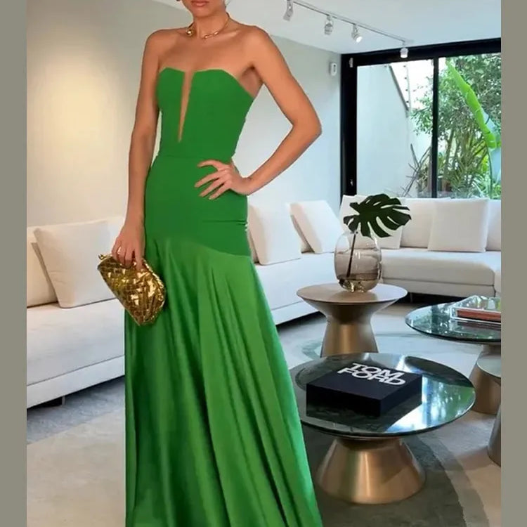 Elegant Green Patchwork Satin Long Dresses Women Fashion Off Shoulder Cut Out Pleated A-line Robe Lady Party Dresses 2025 Summer