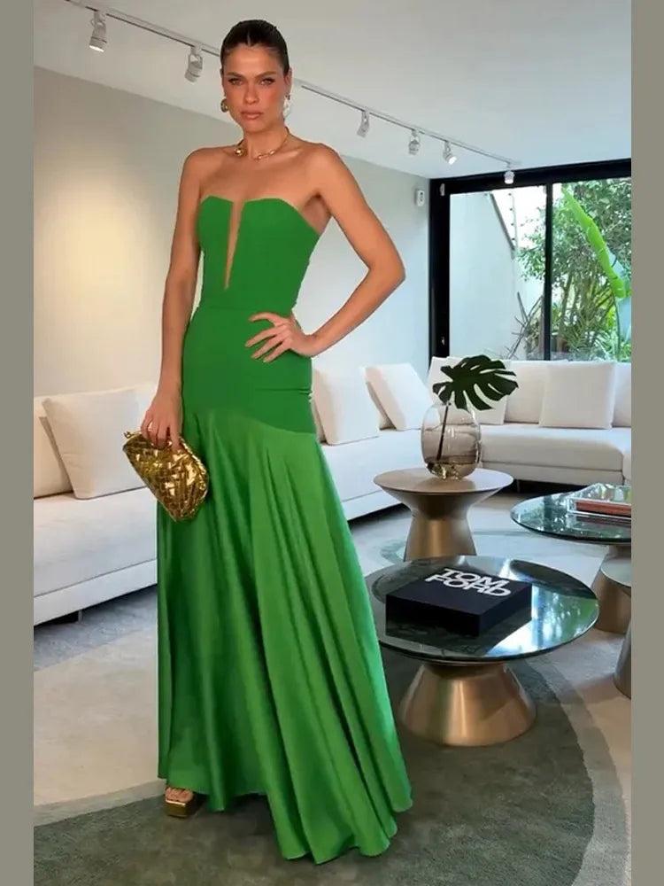 Elegant Green Patchwork Satin Long Dresses Women Fashion Off Shoulder Cut Out Pleated A-line Robe Lady Party Dresses 2025 Summer