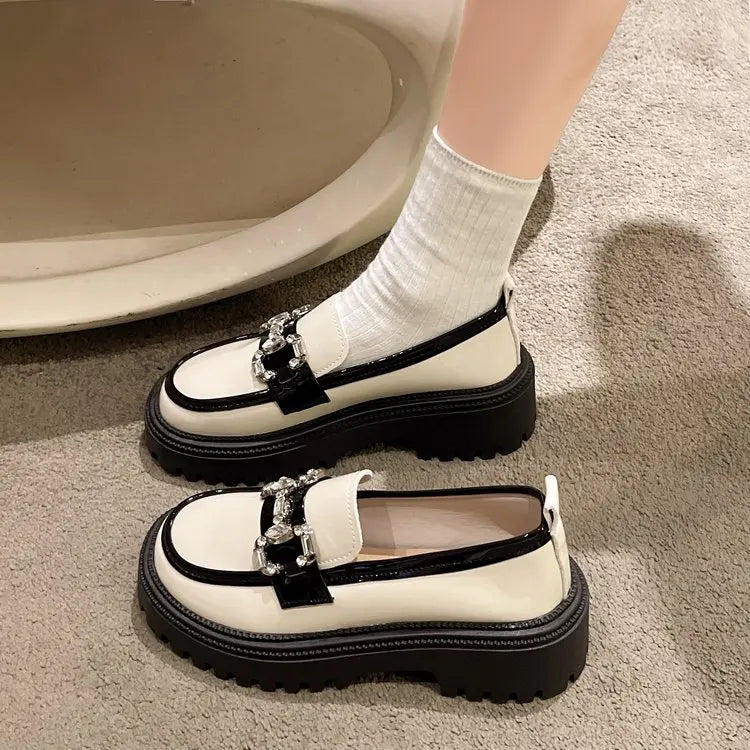 Women‘s Lolita Mary Jane Shoes for Woman Autumn Platform Ladies Vintage Soft Slip on Rhinestones Oxford Shoes Round Toe Beige