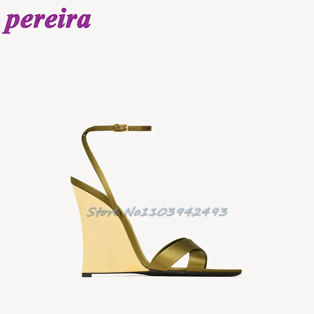 Blue Patent Leather Heeled Sandals Open Toe Shallow Zapatos De Mujer One Strap Luxury High Heels Designer Wedges Shoes 2025