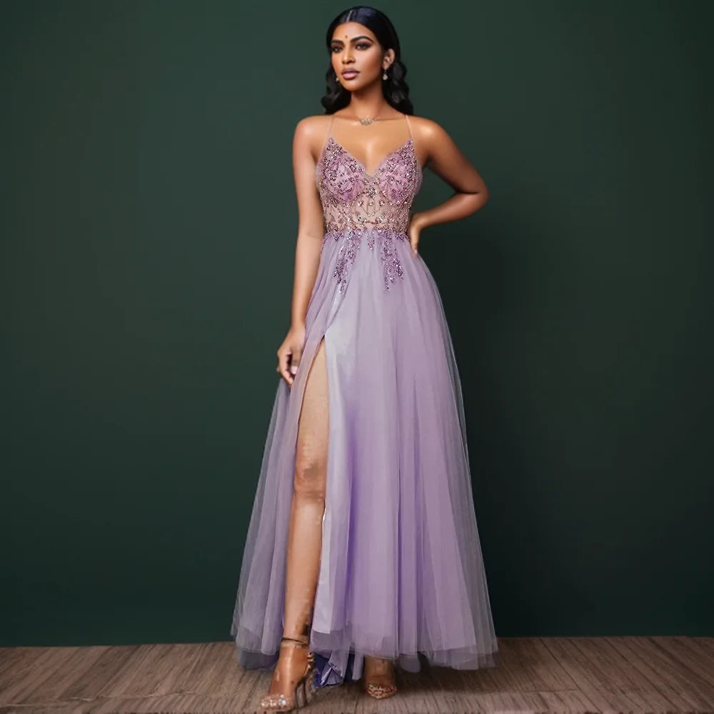 Gorgeous Evening Dresses for Women Sexy V Neck Crystal Beaded Beads Backless Spaghetti Straps Formal Purple Prom Gown