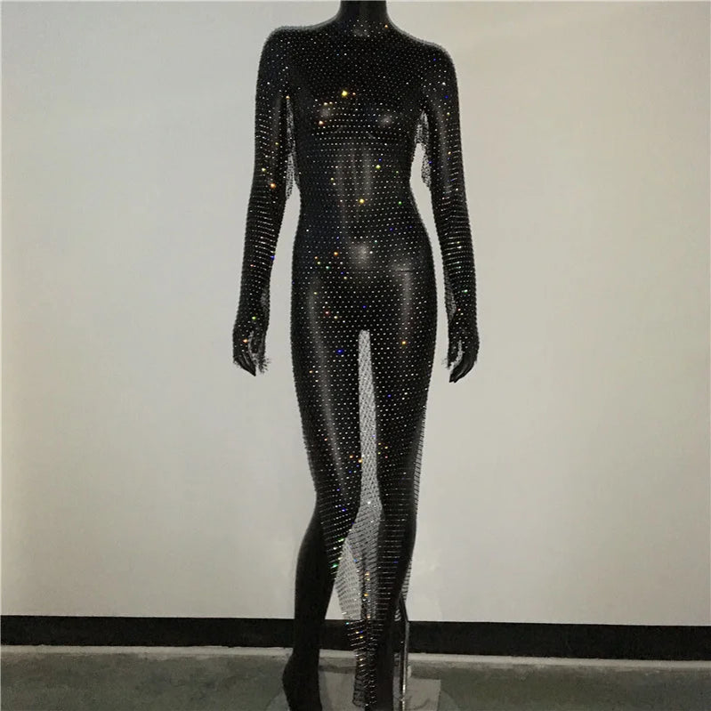 Y2K Sexy Shiny Rhinestones Grid Fishnet Dress Long Sleeve Hollow Out Side Slit Dress Beach Cover Up Breathable Lady Vestidos Black Split One Size