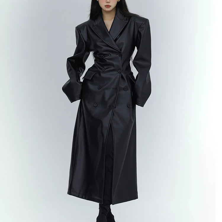 Spring Autumn Long Black Fitted Soft Pu Leather Trench Coat for Women with Shoulder Pads Luxury Designer Clothing 2023