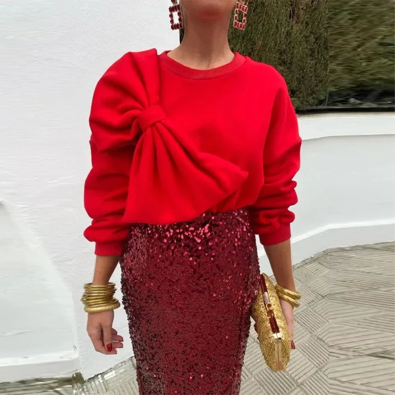 Bow O Neck Women Pullover Long Sleeve Solid Loose Female Tops Spring Fashion Casual All Match Lady Blouses red