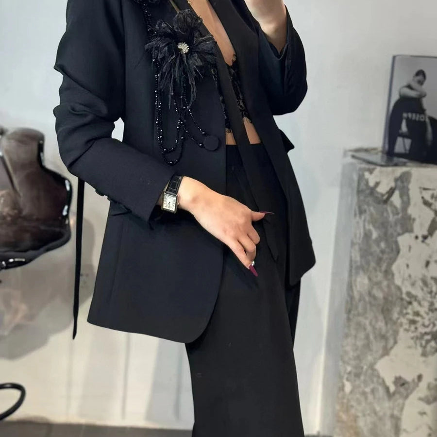 TWOTWINSTYLE Solid Elegant Two Piece Sets for Women V Neck Long Sleeves Patchwork 3D Flower Top High Waist Pant Set Female New