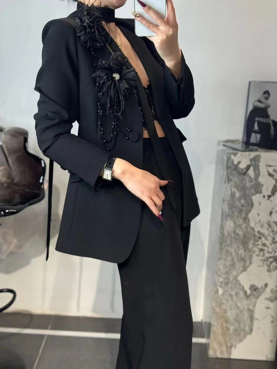 TWOTWINSTYLE Solid Elegant Two Piece Sets for Women V Neck Long Sleeves Patchwork 3D Flower Top High Waist Pant Set Female New