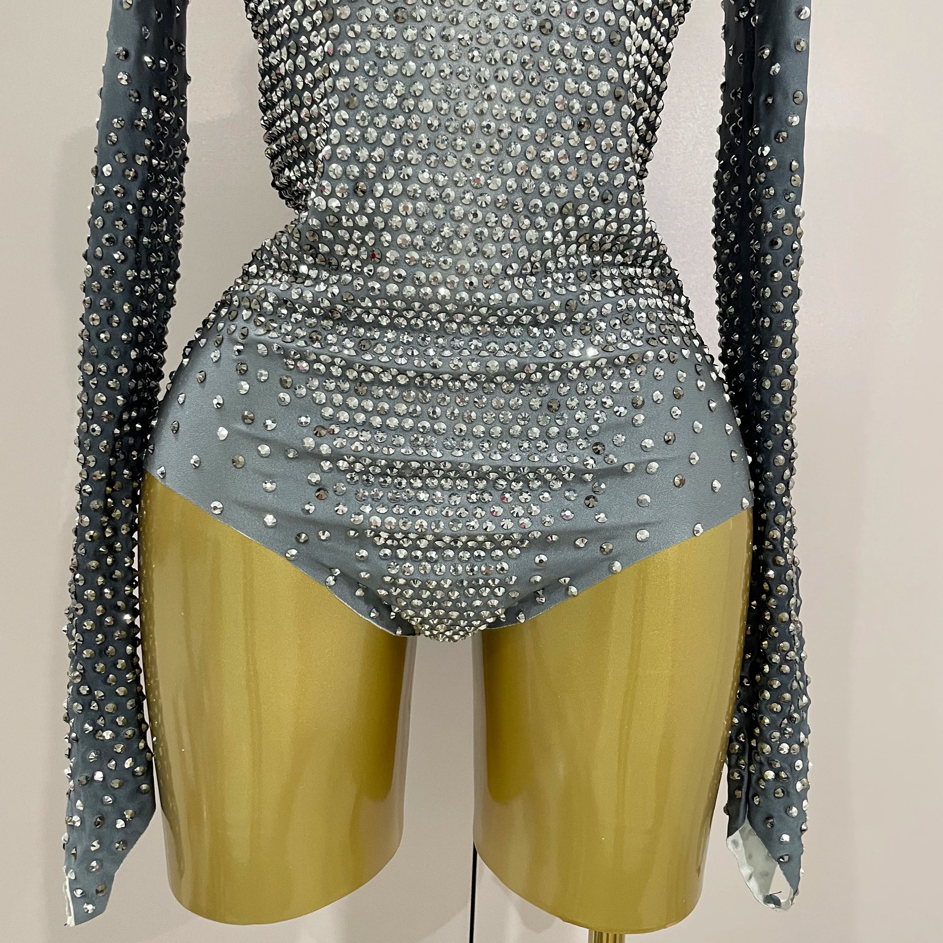 Sparkle Silver Rhinestones Long Sleeve Stretch Bodysuits 2025 New Women Evening Luxury Birthday Party Sexy Nightclub Stage Costu