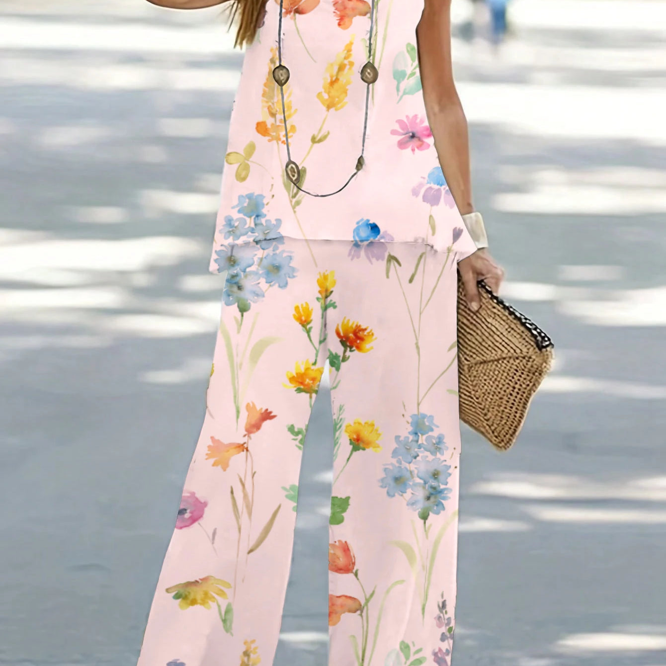 1XL-8XL Plus Size Women's Casual Outfits Two Piece Set Solid Round Neck Tank Top  Wide Leg Pants Outfits 2 Piece Set