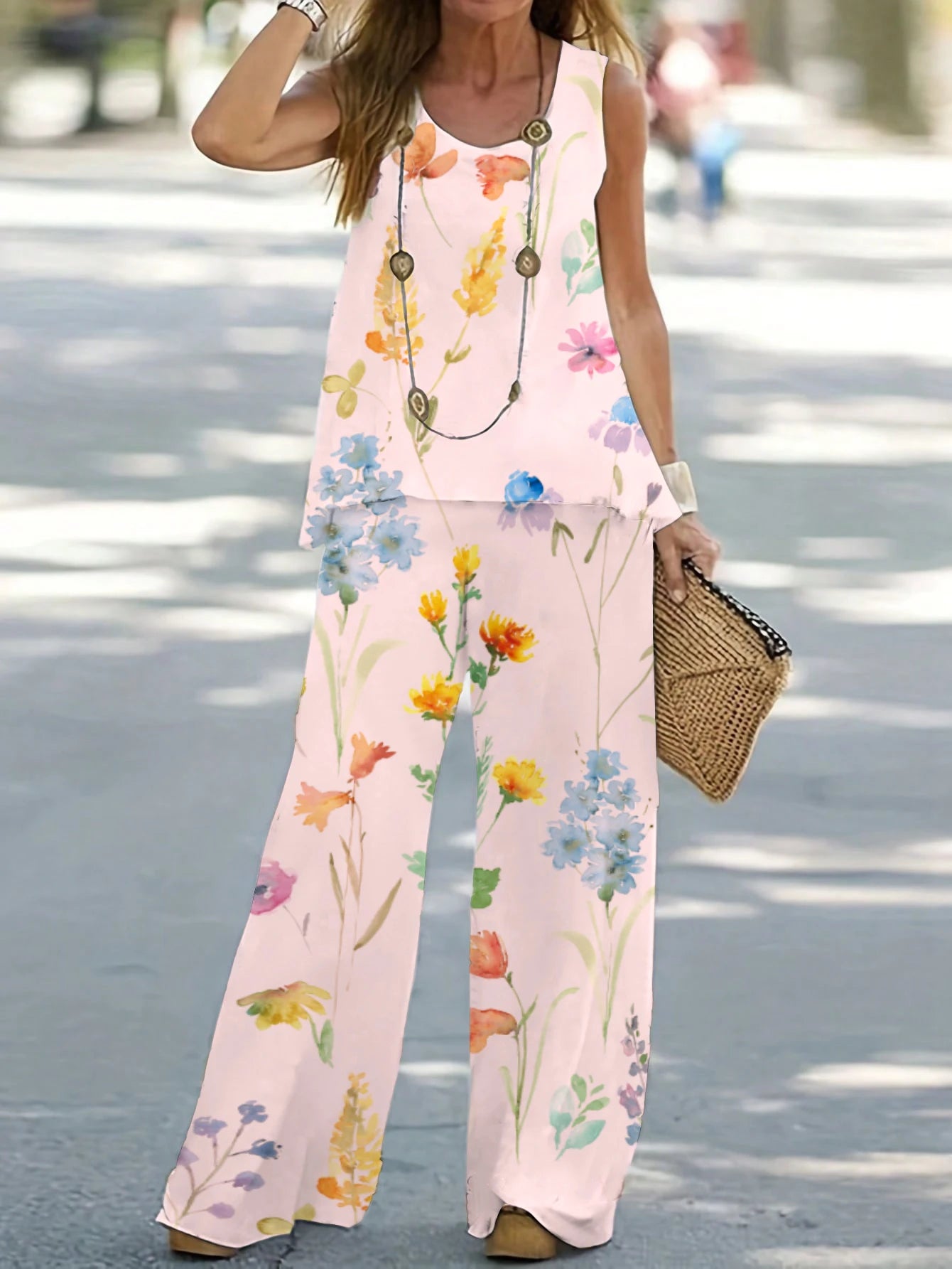 1XL-8XL Plus Size Women's Casual Outfits Two Piece Set Solid Round Neck Tank Top  Wide Leg Pants Outfits 2 Piece Set