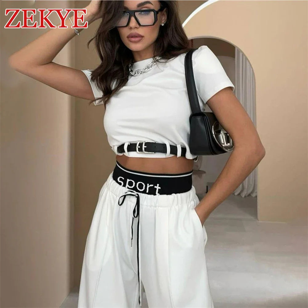 Zekye Casual White Loose Wide Leg Pants Set Women Outfit Korean Patchwork Street Style Short Sleeve T Shirts 2 Pieces Set Top