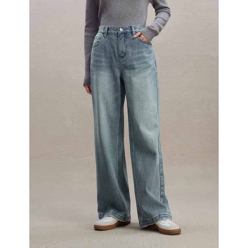 Casual High Waist Retro Straight Wide Leg Pants for Women Style Washed Jeans Loose Floor Mopping Jeans Female Denim Blue