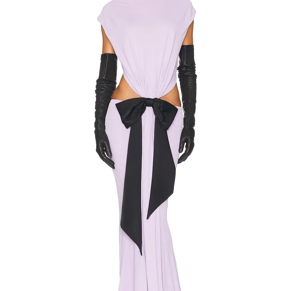 White Purple Women Sleeveless O-Neck Hollow Out Waist Bodycon Floor-length Gown Dress Elegant Evening Party Cocktail Outfit