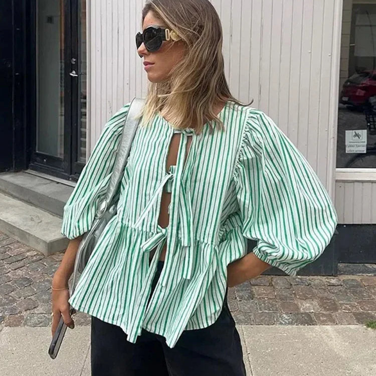 Elegant Striped Lace Up Women Shirts Chic Bow Puff Sleeve O-neck Hollow Out Female Blouses Spring Summer Casual Streetwear