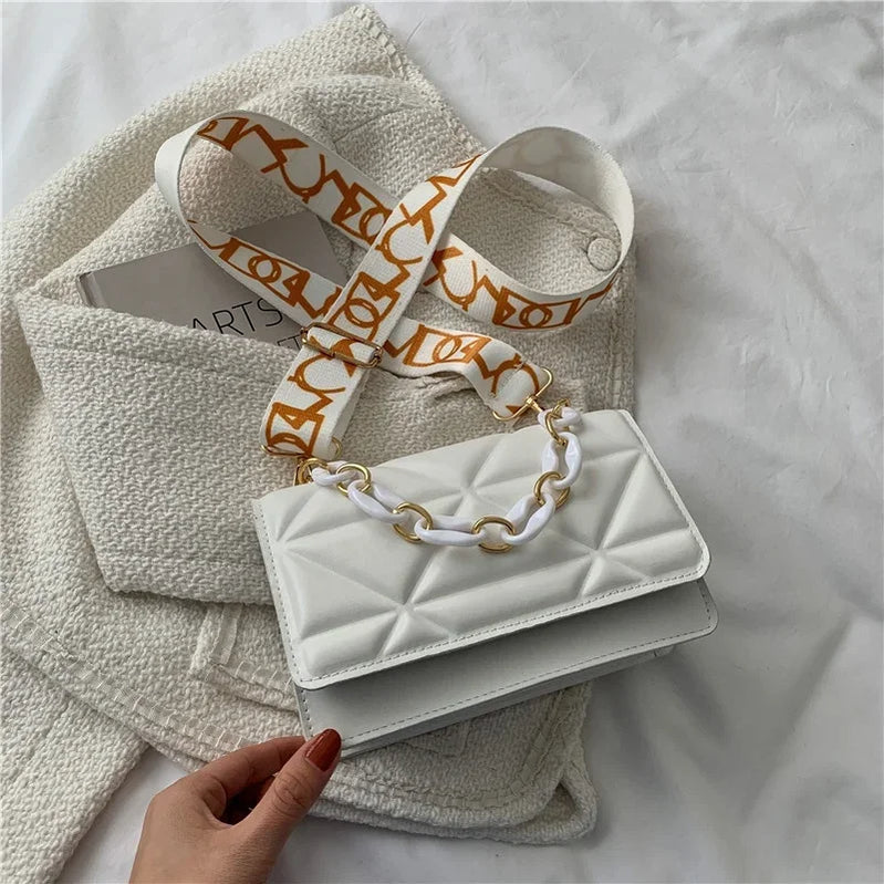 New WOMEN'S Korean Style Lingge Chain Shoulder Solid Color Small Square Messenger Bag