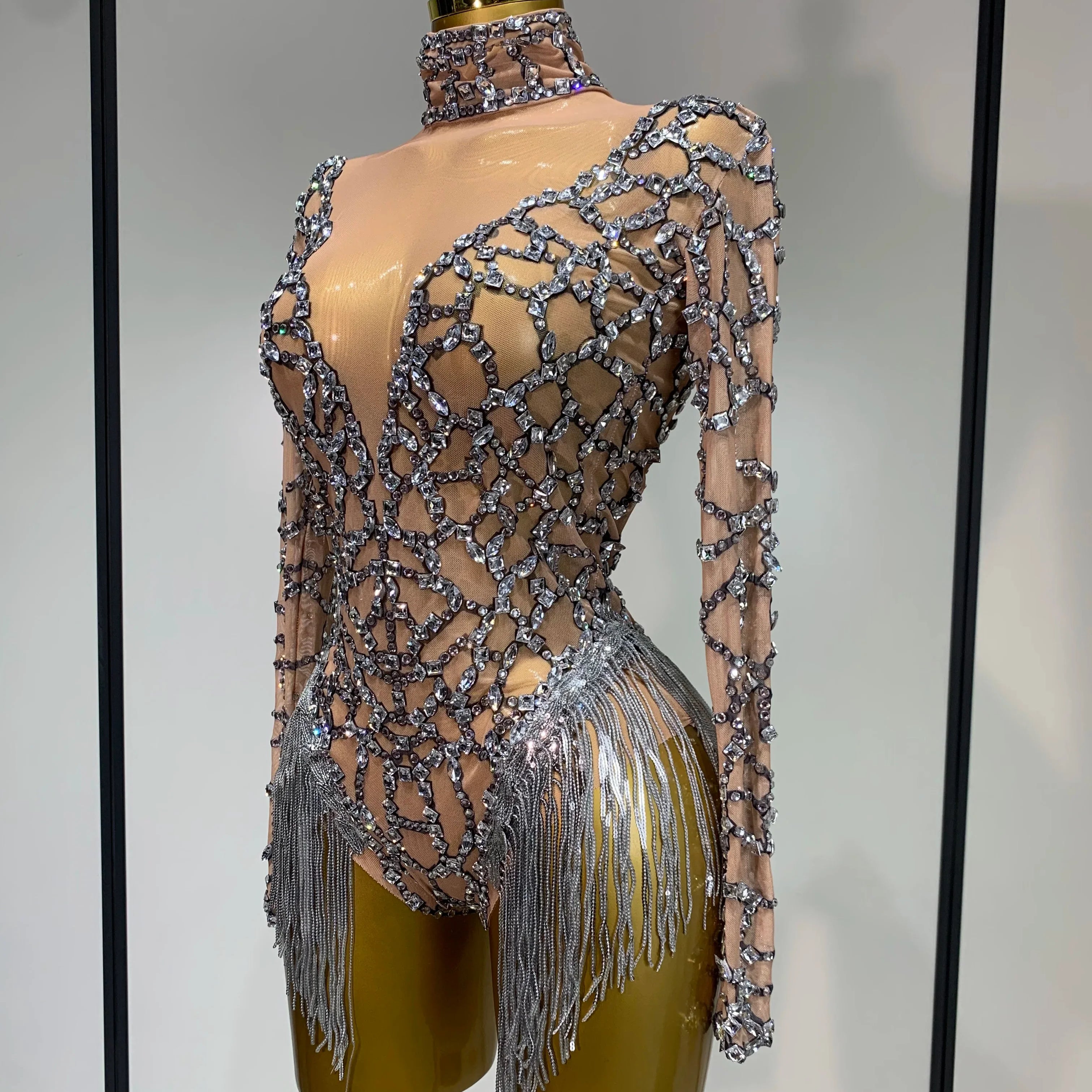 Shining Diamond Tassel Bodysuit Nightclub Stage Tight Mesh Long Sleeved  Nightclub Singer Performance Costume