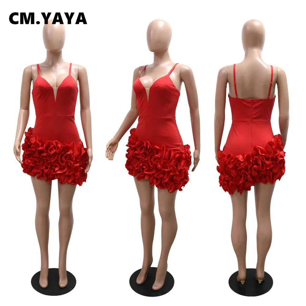 CM.YAYA Women V-neck Strap Mult Ruffles Sleeveless Bodycon Mini Dress Sexy Evening Night Party Club irregular Vestidos Dresses