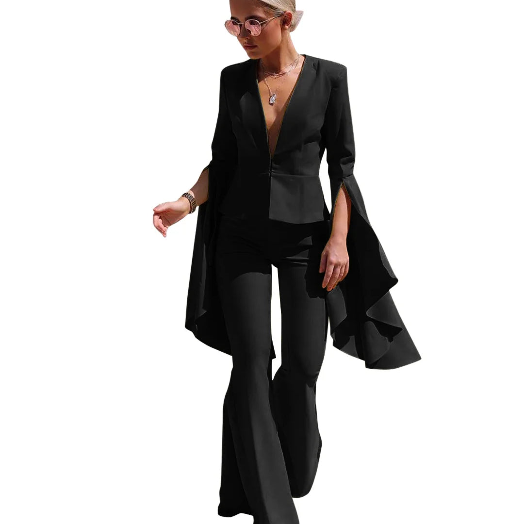 VANHAO Streetwear Chic Sleeve Blazer and Long Flare Pants Solid Color Two Piece Set Women Outfit 2023 Wholesale Dropshipping