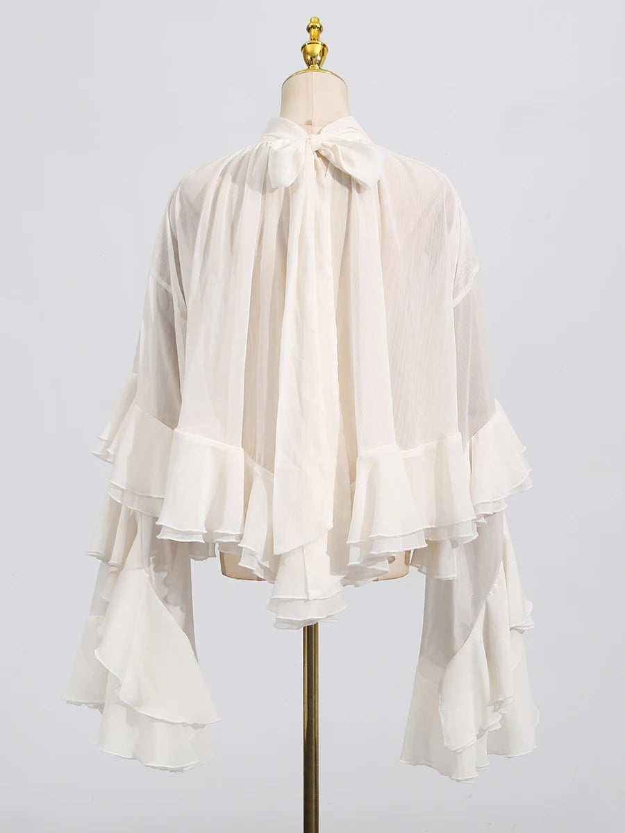 TWOTWINSTYLE Solid Loose Sheer Blouses for Women High Neck Long Sleeves Patchwork Ruffles Folds Elegant Blouse Female Clothing