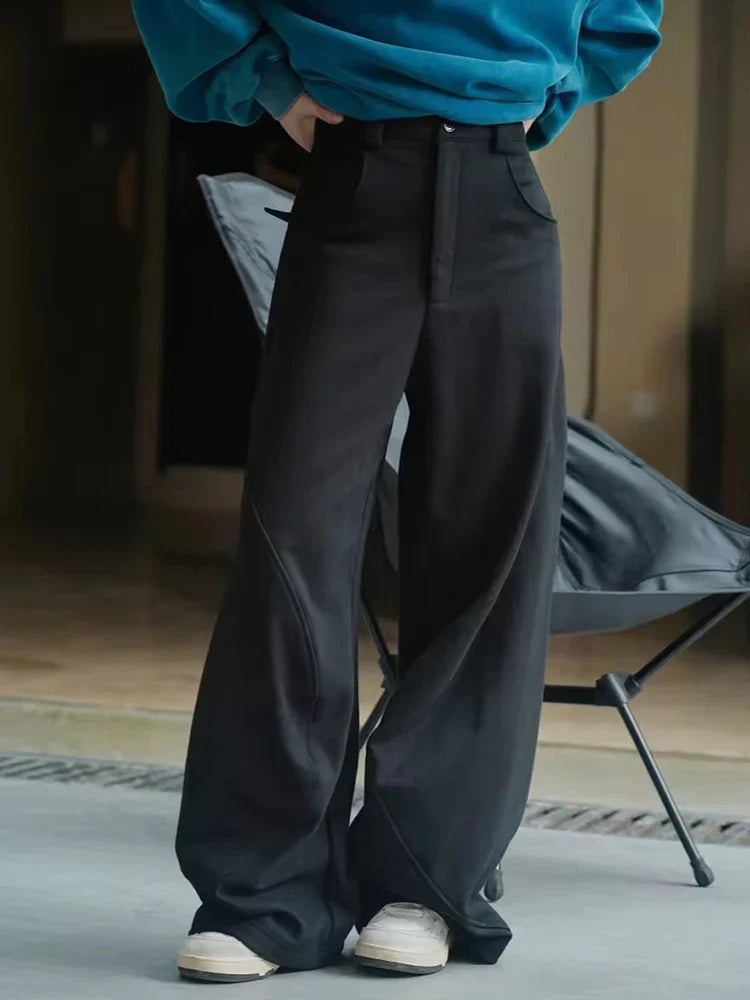 [LANMREM] Vintage Spliced Design Pants For Women High Waist Wideleg Trousers Thicking Warm Clothing Spring New 26D6432 Black