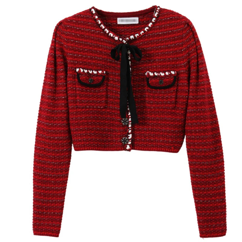 EOS Tweed Wool Knitted Cardigan Casual Slim Thickened Outer Sweater Bow Short Jacket 2023 Spring New Arrival Ladies