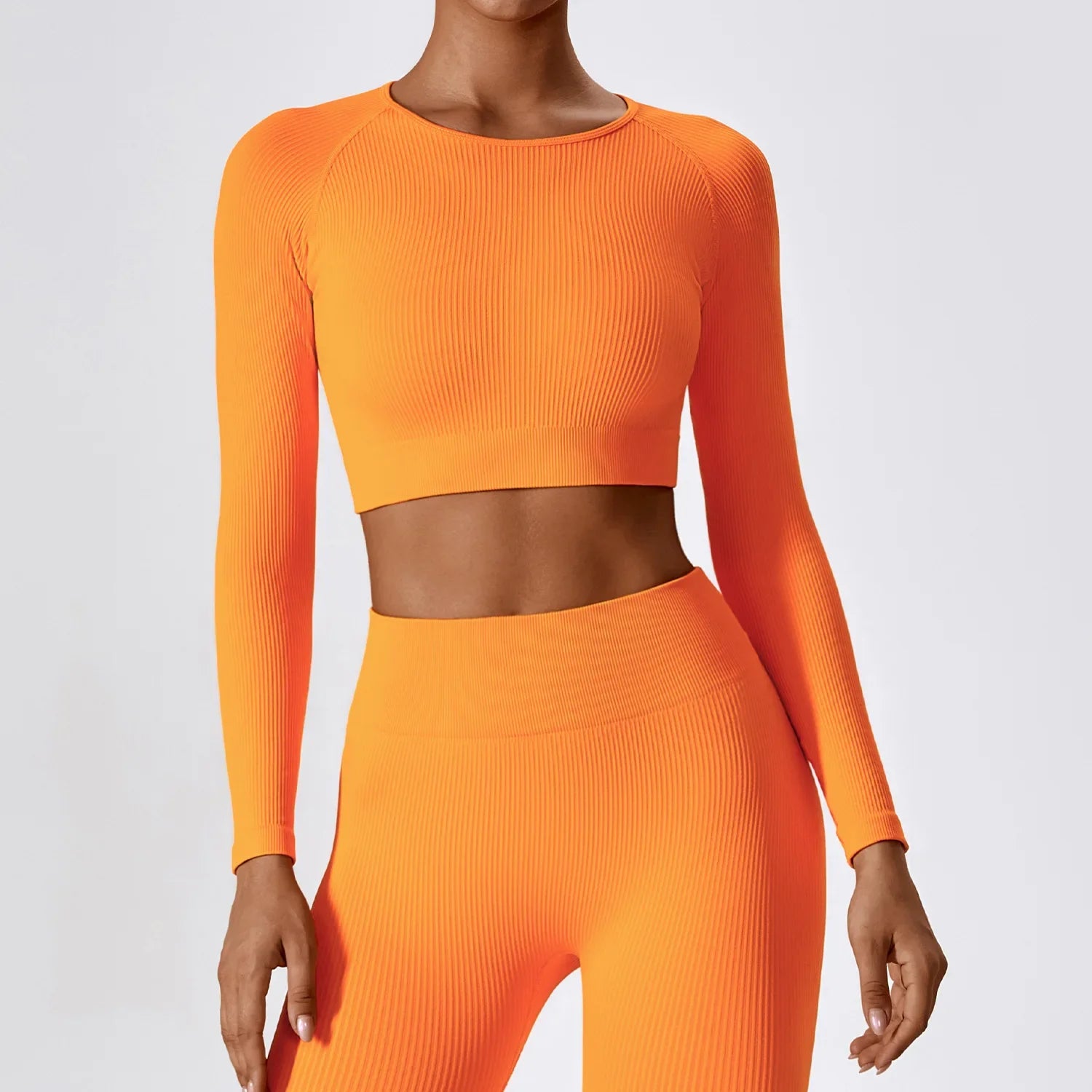 Women's Long Sleeve Top Ribbed Yoga Shirts Running T-Shirt Workout Running Fitness Gym Sports Top Training Crop Top Solidcolor orange CHINA
