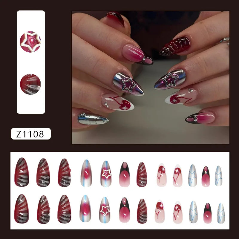 24pcs Ins Almond Press on Nails Gothic Sliver Metal Line y2k Fake Nails Detachable Wearable Sweet Cool Spicy Girl False Nails