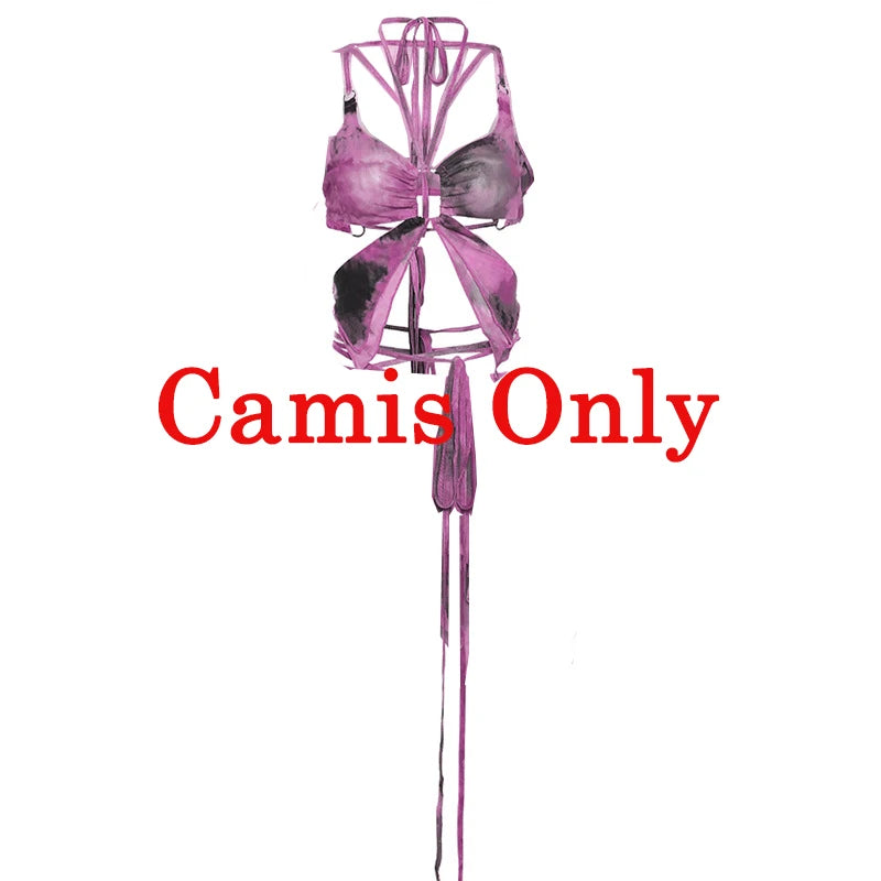 Zenaide Fall Mesh Butterfly Women 3 Piece Set Bandage Cami+Irregular Skirt+Fairy Festival Crop Top Tie Dye Rave Party Outfit Y2K Purple Camis Only