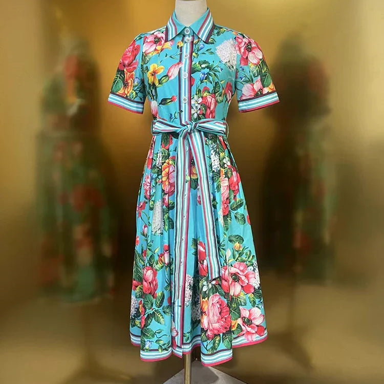 VGH Patchwork Lace Up Floral Printing Casual Dresses For Women Lape Short Sleeve High Waist Spliced Button Dress Female Fashion BLUE