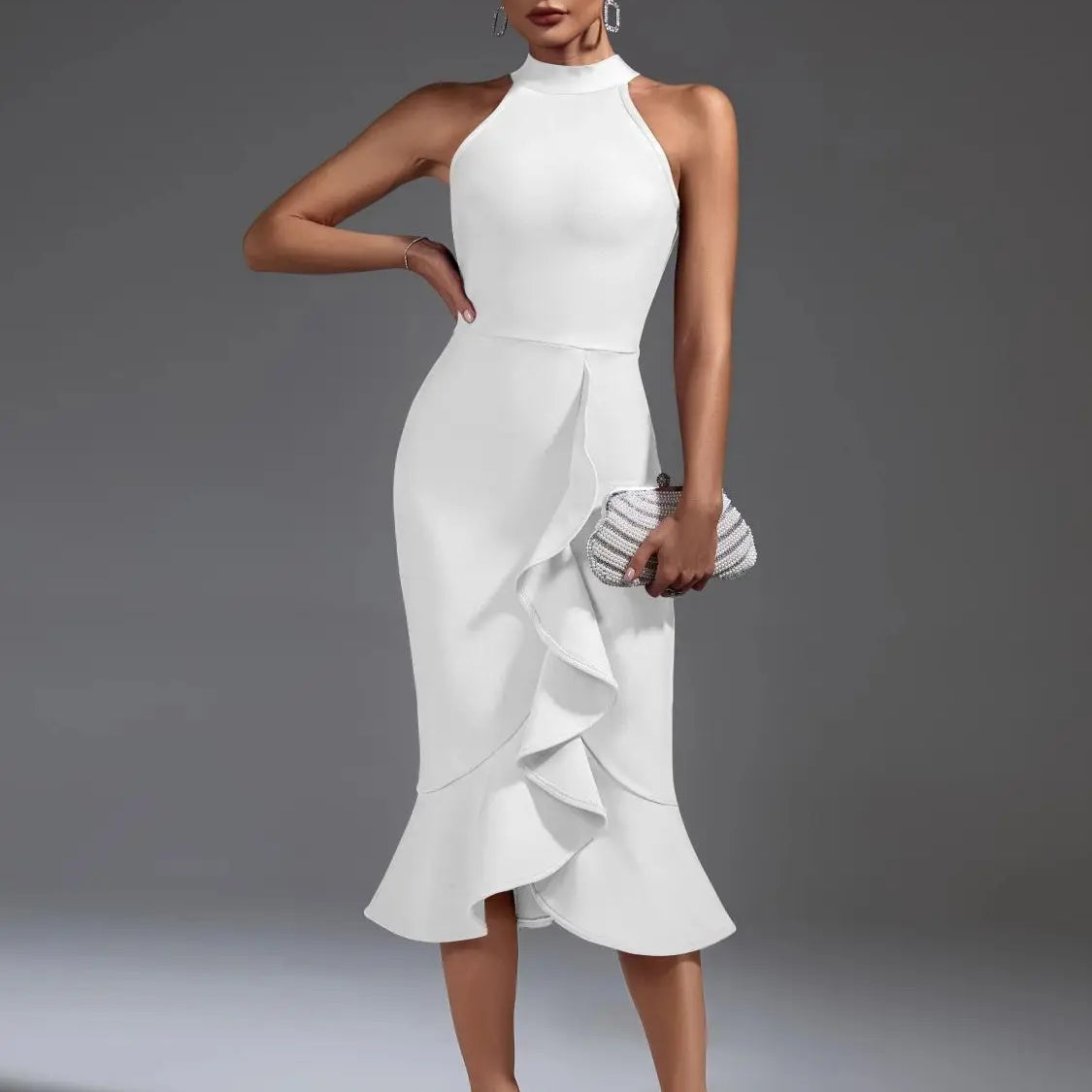 Black Bandage Dress Women Mdi Party Dress Bodycon Elegant Ruffle Mermaid Sexy Birthday Evening Club Outfits WHITE