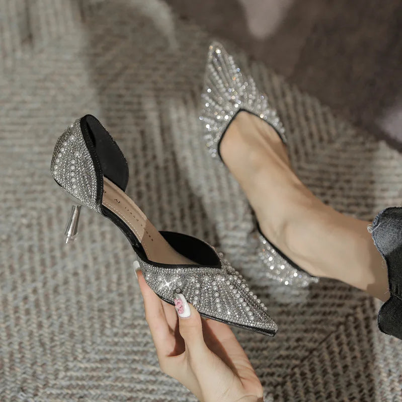 6CM Pointed Toe Bride Wedding Shoes Cinderella Prom Rhinestone Mary Janes High Heels Thin Heels Mary Jane Shoes