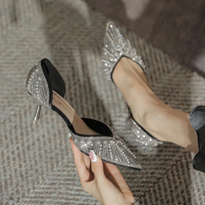 6CM Pointed Toe Bride Wedding Shoes Cinderella Prom Rhinestone Mary Janes High Heels Thin Heels Mary Jane Shoes