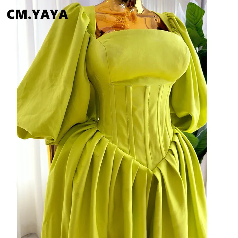 CM.YAYA Women Long Lantern Sleeve Square Collar Big Swing Long Maxi Dress 2024 Fall Birthday Sexy Party Evening Dresses Vestidos
