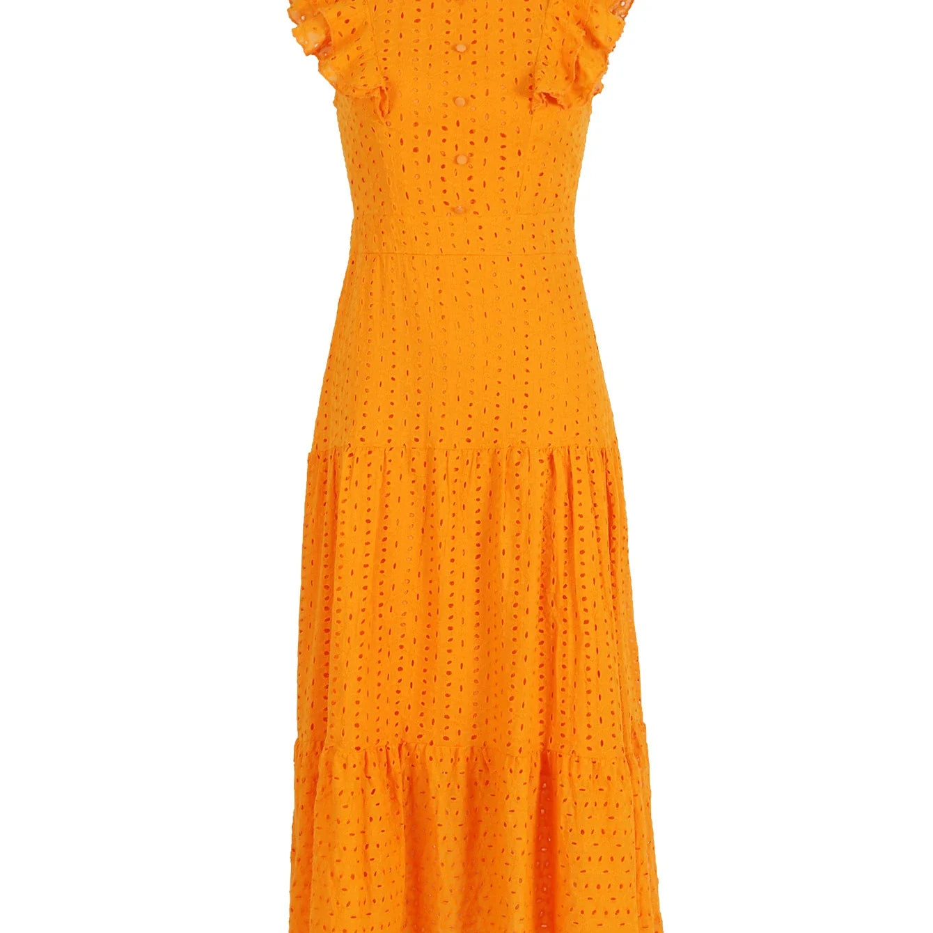 Bohemian Solid Hollow Out Elegant Women Dress O Neck Flying Sleeve Button Long Dress Summer Chic Casual Beach Women Clothing