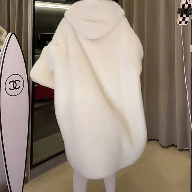 Winter High Quality Long Oversized White Thick Warm Teddy Bear Coat Women with Hood Loose Casual Korean Fashion 2023